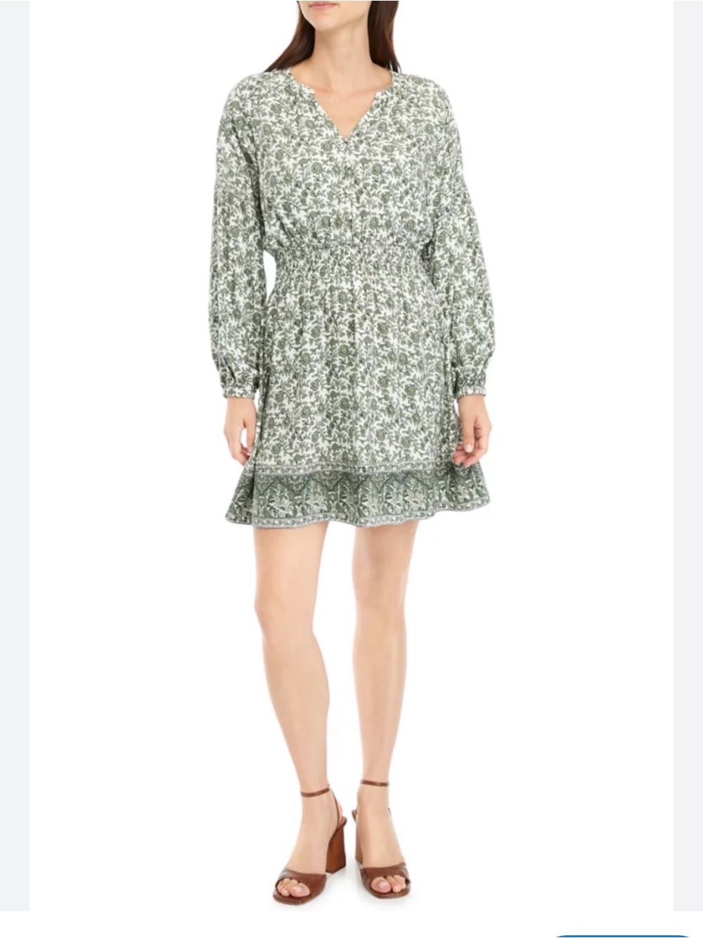 Wonderly Sage Green Floral Smocked Long-Sleeve Mini Dress